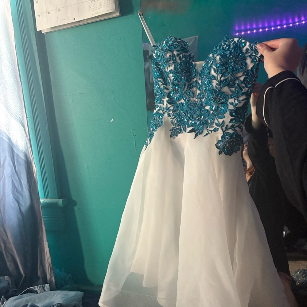 Terani Couture Teal and White Kids Formal Dress